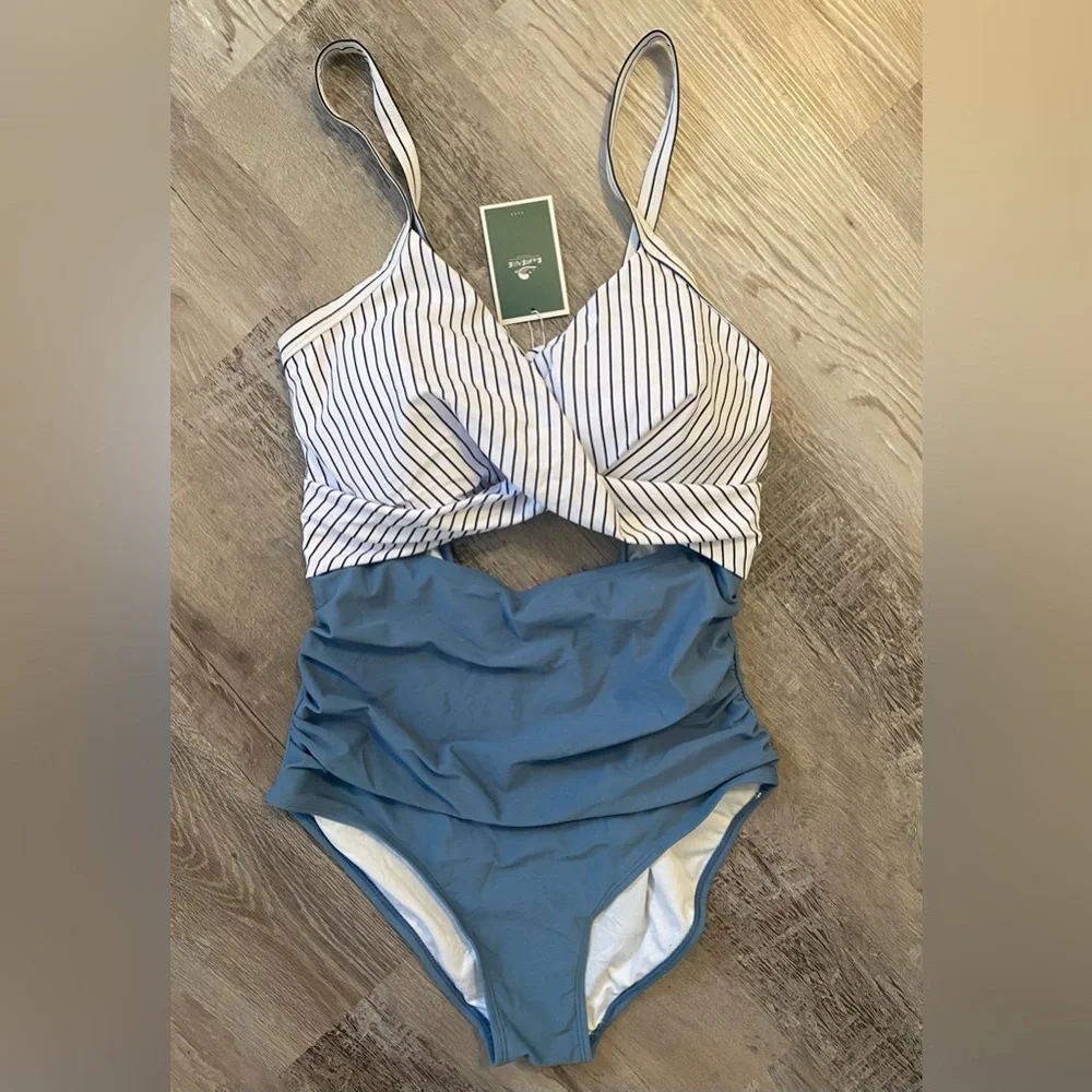 SOLD Women's One Piece Bathing Swimsuit Cutout High Waisted Tie Back Size L - Picture 4 of 12